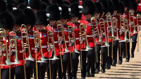 TOPSHOT - Welsh Guards march during the Colonel's Review at Horse Guards Parade in London on June 10, 2023 ahead of The King's Birthday Parade. The Colonel's Review is the final evaluation of the parade before it goes before Britain's King Charles III during the Trooping of the Colour on June 17. (Photo by Adrian DENNIS / AFP) (Photo by ADRIAN DENNIS/AFP via Getty Images)