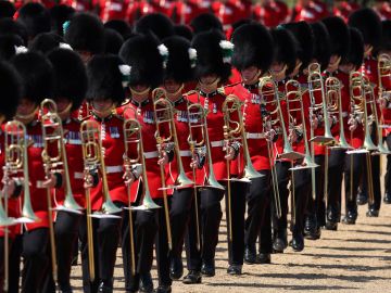 TOPSHOT - Welsh Guards march during the Colonel's Review at Horse Guards Parade in London on June 10, 2023 ahead of The King's Birthday Parade. The Colonel's Review is the final evaluation of the parade before it goes before Britain's King Charles III during the Trooping of the Colour on June 17. (Photo by Adrian DENNIS / AFP) (Photo by ADRIAN DENNIS/AFP via Getty Images)