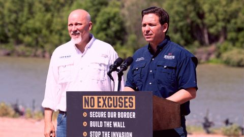 US Representative Chip Roy (R-TX) looks on as Florida Governor and 2024 Republican Presidential hopeful Ron DeSantis speaks during a news conference near the Rio Grande River in Eagle Pass, Texas, on June 26, 2023. DeSantis engaged with voters and residents in border-adjacent communities during a campaign event. (Photo by SUZANNE CORDEIRO / AFP) (Photo by SUZANNE CORDEIRO/AFP via Getty Images)