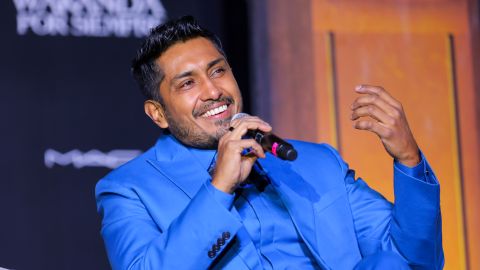 MEXICO CITY, MEXICO - NOVEMBER 09: Tenoch Huerta speaks during the "Black Panther: Wakanda Forever" Red Carpet in Mexico City at Plaza Satelite on November 09, 2022 in Mexico City, Mexico. (Photo by Agustin Cuevas/Getty Images for Disney)