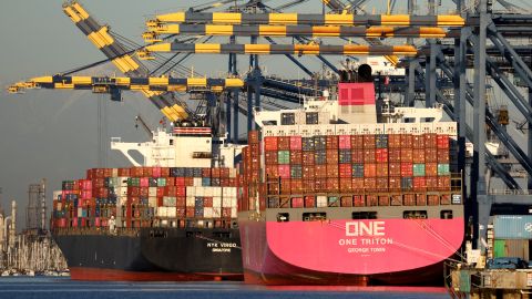 LOS ANGELES, CALIFORNIA - NOVEMBER 16: Container ships are docked with shipping containers at the Port of Los Angeles amid a cargo slowdown on November 16, 2022 in Los Angeles, California. The country’s busiest container port complex, the ports of Los Angeles and neighboring Long Beach, saw imports of shipping containers drop 26 percent in October compared with the same month in 2021. The cargo slowdown stems from protracted West Coast port labor negotiations along with holiday season products ordered earlier than usual by retailers and a drop in demand for some consumer goods. (Photo by Mario Tama/Getty Images)