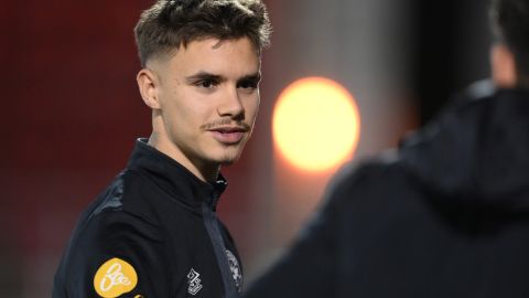 WOKING, ENGLAND - JANUARY 13: Romeo Beckham of Brentford B in action during warm up prior the Premier League Cup match between Brentford B and Aston Villa U21 at The Laithwaite Community Stadium on January 13, 2023 in Woking, England. (Photo by Alex Broadway/Getty Images)