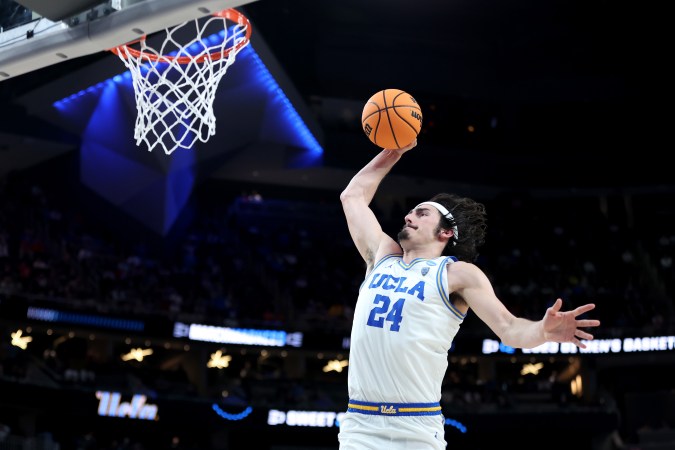 LAS VEGAS, NEVADA - MARCH 23: Jaime Jaquez Jr. #24 of the UCLA Bruins dunks the ball against the Gonzaga Bulldogs during the second half in the Sweet 16 round of the NCAA Men's Basketball Tournament at T-Mobile Arena on March 23, 2023 in Las Vegas, Nevada. (Photo by Sean M. Haffey/Getty Images)