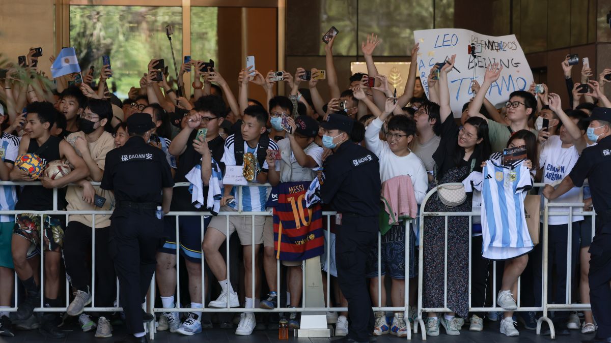 BEIJING, CHINA - JUNE 10: Fans wait for the arrival of Lionel Messi at a hotel ahead of 2023 International Football Invitation match between Argentina and Australia on June 10, 2023 in Beijing, China. (Photo by Lintao Zhang/Getty Images)