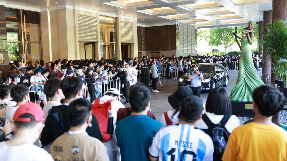 BEIJING, CHINA - JUNE 10: Fans wait for the arrival of Lionel Messi at a hotel ahead of 2023 International Football Invitation match between Argentina and Australia on June 10, 2023 in Beijing, China. (Photo by Lintao Zhang/Getty Images)