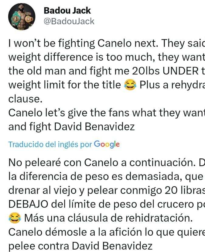 Tuit de Badou Jack que inició toda la polémica. Captura de pantalla. 