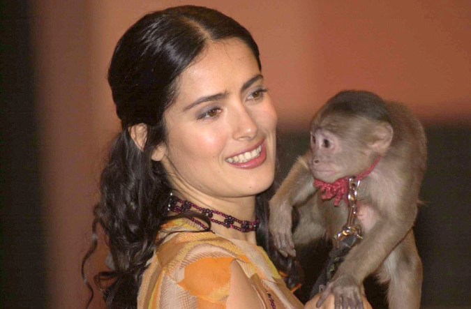 Salma Hayek con "Tyson", el mono que actuó en la película Frida Kahlo.