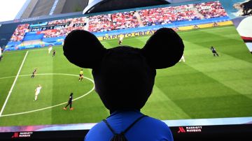 Una persona con un disfraz de Mickey Mouse mira un partido de fútbol.