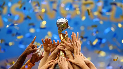 LYON, FRANCE - JULY 07: USA lift the trophy after victory in the 2019 FIFA Women's World Cup France Final match between The United State of America and The Netherlands at Stade de Lyon on July 07, 2019 in Lyon, France. (Photo by Richard Heathcote/Getty Images)