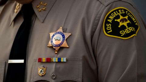 Sheriff Alex Villanueva of the Los Angeles Sheriff's Department (LASD) speaks about a task force targeting wage theft outside of the Hall of Justice on February 9, 2021 in Los Angeles, California. (Photo by Patrick T. FALLON / AFP) (Photo by PATRICK T. FALLON/AFP via Getty Images)