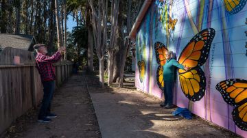 John Schnarr takes a photo of his wife Eileen Schnarr in front of a Monarch mural at the Pacific Grove Monarch Sanctuary in Pacific Grove, California on January 26, 2023. - As devastating storms pounded California, nature lovers feared for fragile, endangered monarch butterflies that winter here as part of a seemingly magical migration pattern. The colorfully winged insects that travel vast distances over the course of generations have been closely watched here since they neared extinction just three years ago. As soon as the sun rose one January morning, volunteers began counting monarch butterflies, finding them clustered atop cypress trees in a sanctuary in the California coast town of Pacific Grove. (Photo by Amy Osborne / AFP) (Photo by AMY OSBORNE/AFP via Getty Images)