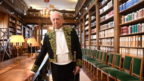 Peruvian writer and Nobel literature prize winner Mario Vargas Llosa poses for a photograph during the ceremony of his induction into the Academie Francaise (French Academy), in Paris, February 9, 2023. - Peruvian Nobel-winning author Mario Vargas Llosa was set to join the fabled Academie Francaise in Paris on February 9, the first member never to have written a book in French. The 86-year-old novelist, who also has Spanish citizenship, controversially invited the former king of Spain, Juan Carlos, to his inauguration ceremony. (Photo by Emmanuel DUNAND / AFP) (Photo by EMMANUEL DUNAND/AFP via Getty Images)