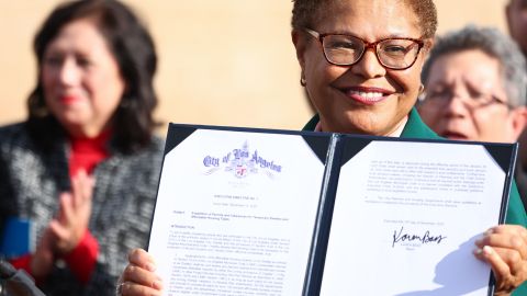 LOS ANGELES, CALIFORNIA - DECEMBER 16: Los Angeles Mayor Karen Bass displays the affordable housing executive directive she signed at the Lorena Plaza affordable housing project site on December 16, 2022 in Los Angeles, California. The directive aims to 'dramatically accelerate and lower the cost of building affordable housing and shelter in Los Angeles' amid a housing and homelessness crisis in the city. (Photo by Mario Tama/Getty Images)