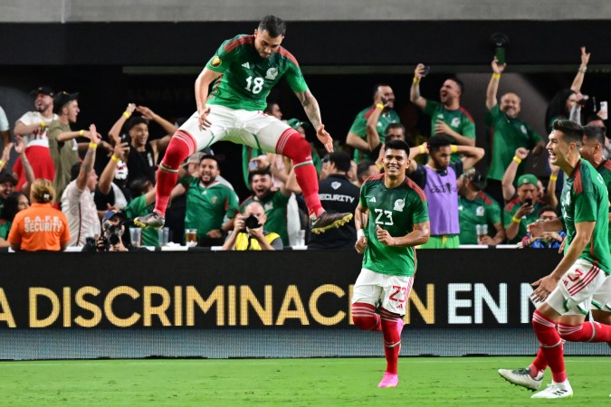 Mexico's midfielder Luis Chavez (L) celebrates scoring his team's second goal during the Concacaf 2023 Gold Cup semifinal football match between Mexico and Jamaica at Allegiant Stadium in Las Vegas, Nevada on July 12, 2023. (Photo by Frederic J. BROWN / AFP) (Photo by FREDERIC J. BROWN/AFP via Getty Images)