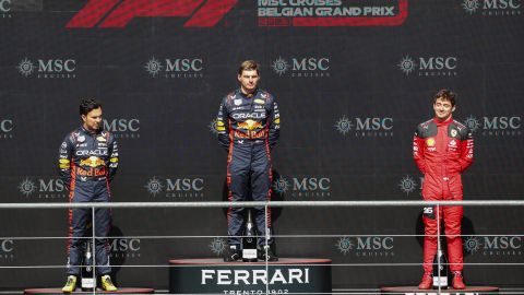 SPA, BELGIUM - JULY 30: Sergio Perez of Mexico and Red Bull Racing with Max Verstappen of Red Bull Racing and The Netherlands and Charles Leclerc of Ferrari and Monaco during the F1 Grand Prix of Belgium at Circuit de Spa-Francorchamps on July 30, 2023 in Spa, Belgium. (Photo by Peter Fox/Getty Images)