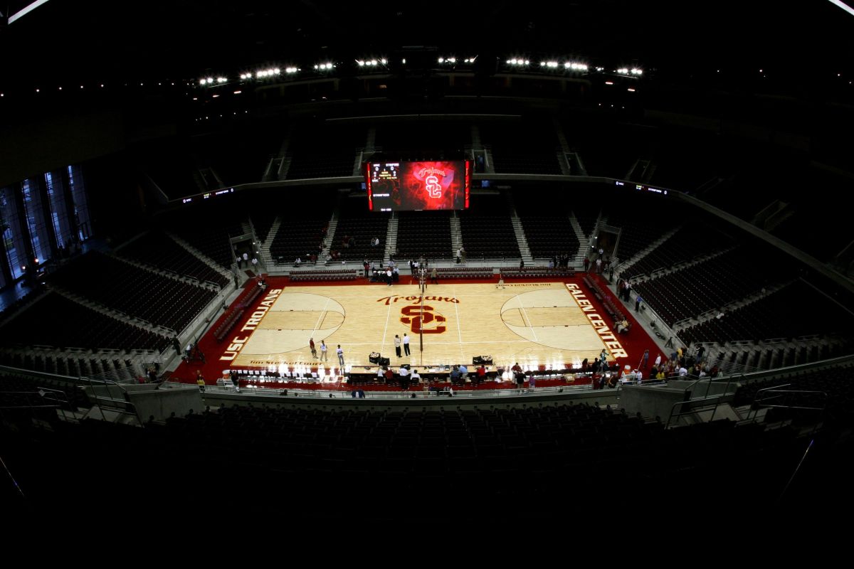 LOS ANGELES - OCTOBER 12: General view of the Galen Center on opening night before the women's volleyball match between the Stanford Cardinal and the Southern California Trojans on October 12, 2006 in Los Angeles, California. The volleyball match was the first event held in the new arena, which will also be home to USC's men's and women's basketball and men's volleyball teams. (Photo by Jeff Golden/Getty Images)