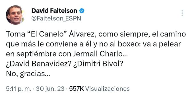 Captura de pantalla del Twitter de David Faitelson. Crítica hacia Canelo.