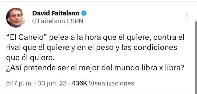Captura de pantalla del Twitter de David Faitelson. Crítica hacia Canelo.