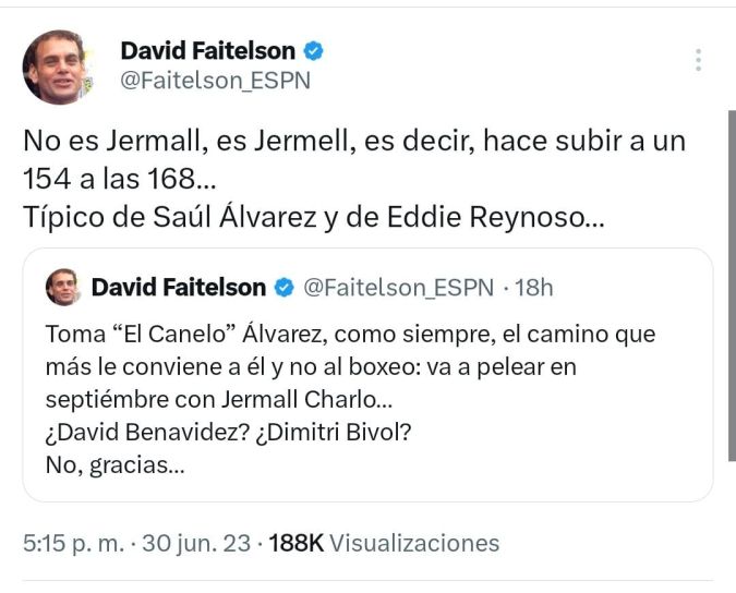 Captura de pantalla del Twitter de David Faitelson. Crítica hacia Eddy Reynoso y 'Canelo' Álvarez.