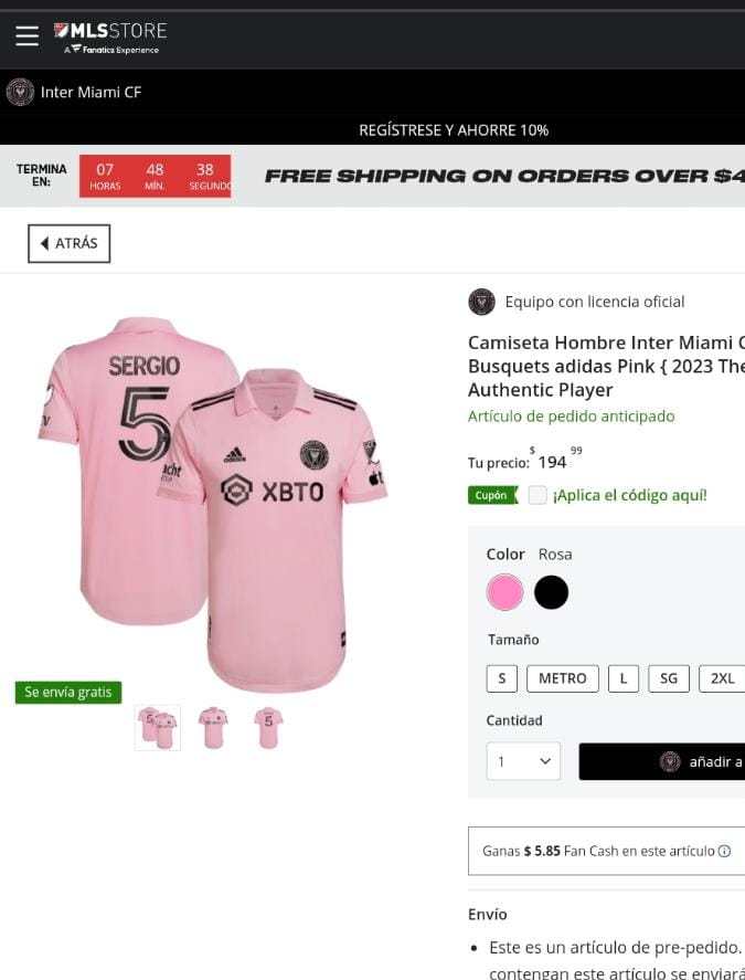 Captura de pantalla tienda oficial Inter Miami. Página web.