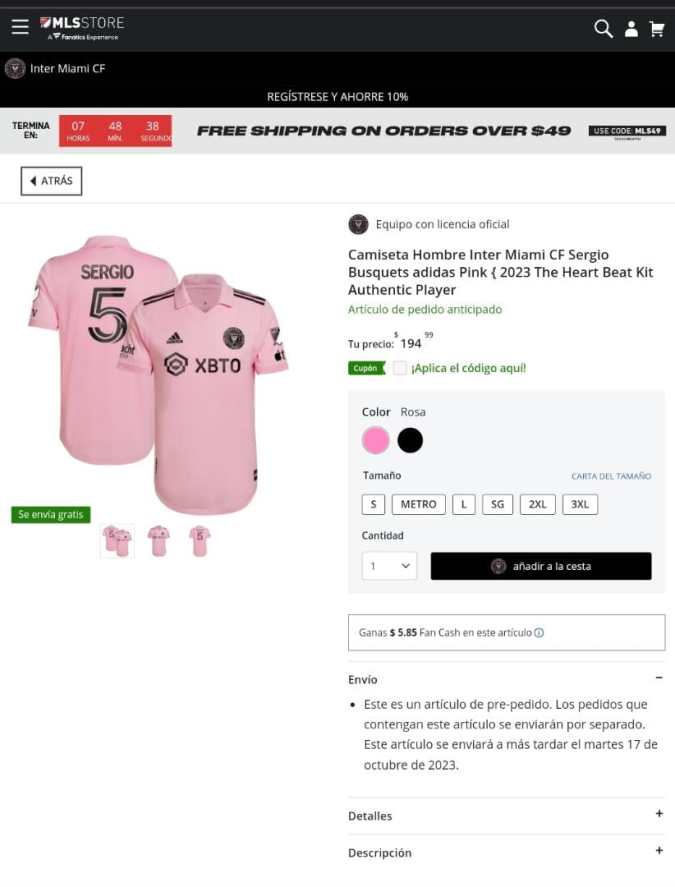 Captura de pantalla tienda oficial Inter Miami. Página web.