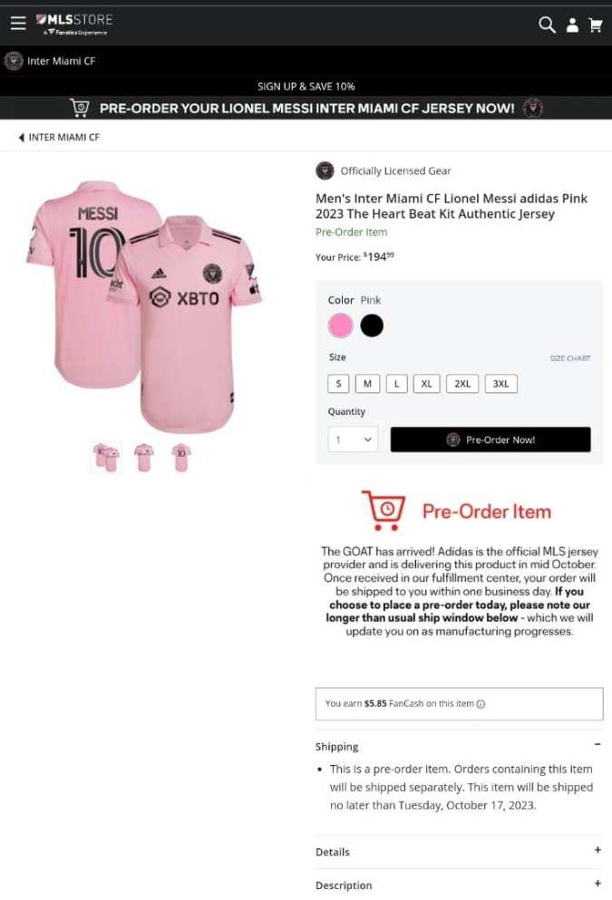 Captura de pantalla tienda oficial Inter Miami. Página web.