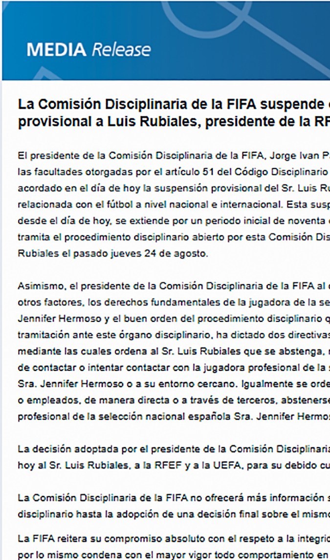 Comunicado de inhabilitación a Luis Rubiales por parte de la FIFA. Foto: EFE/FIFA.