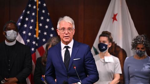 Los Angeles County District Attorney George Gascon speaks at a press conference, December 8, 2021 in Los Angeles, California. - Gascon was joined by a group of district attorneys from around the country at the press conference that was called for the accomplishments of his first year in office. (Photo by Robyn Beck / AFP) (Photo by ROBYN BECK/AFP via Getty Images)