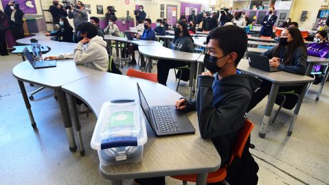 Seventh and eighth grades students attend a combined Advanced Engineering class at Olive Vista Middle School on the first day back following the winter break amid a dramatic surge in Covid-19 cases across Los Angeles County on January 11, 2022 in Sylmar, California. - Tens of thousands of Los Angeles Unified School District students returned to classes today after the winter break with district requirements for all staff and students to be tested for Covid-19 from the thousands of take-home test kits provided to students with a negative result allowing entry. (Photo by Frederic J. BROWN / AFP) (Photo by FREDERIC J. BROWN/AFP via Getty Images)