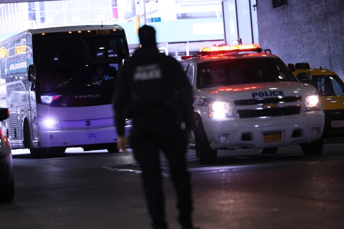 NEW YORK, NEW YORK - MAY 03: A bus carrying asylum seekers arrives at Port Authority on May 03, 2023 in New York City. Mayor Eric Adams criticized Texas Governor Greg Abbott for playing politics with people's lives as the Governor resumes busing asylum seekers to New York and other cities. Mayor Adams continues to strongly urge federal intervention, as the cost of providing assistance to the asylum seekers is expected to reach billions of dollars. (Photo by Michael M. Santiago/Getty Images)
