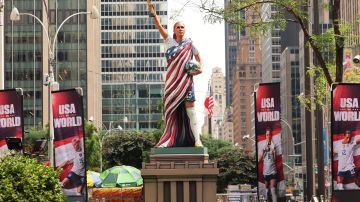 NEW YORK, NEW YORK - JULY 20: A statue of USWNT player Alex Morgan stands in Fox Square on July 20, 2023 in New York City. As the 2023 FIFA Women’s World Cup gets under way, an 825-pound statue of soccer legend Morgan wearing her U.S. uniform and holding a World Cup trophy was erected in Fox Square as it makes its rounds on a national tour. The statue, made of reinforced and hard coated foam and 3D-printed resin for the head and trophy, was erected in honor of Morgan and her impact on the USWNT by Fox Sports, and to promote the network’s coverage of the World Cup beginning for the U.S. team on July 22nd against Vietnam. (Photo by Michael M. Santiago/Getty Images)