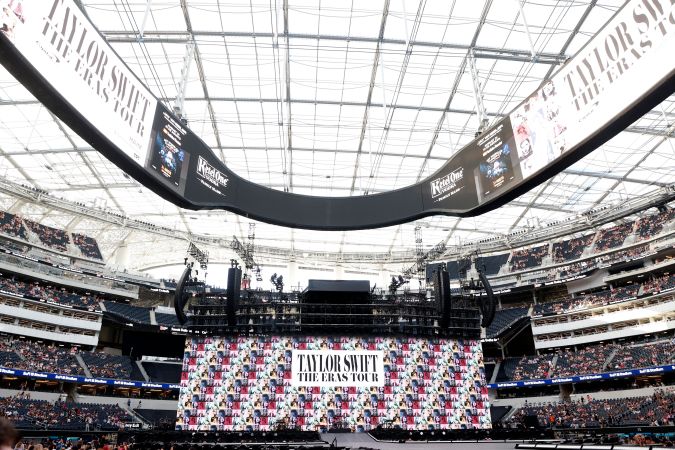A general view shows the stage and the stadium before US singer-songwriter Taylor Swift performs during her Eras Tour at Sofi stadium in Inglewood, California, August 7, 2023. (Photo by Michael Tran / AFP) / RESTRICTED TO EDITORIAL USE (Photo by MICHAEL TRAN/AFP via Getty Images)