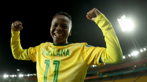 WELLINGTON, NEW ZEALAND - AUGUST 02: Thembi Kgatlana of South Africa celebrates after winning the FIFA Women's World Cup Australia & New Zealand 2023 Group G match between South Africa and Italy at Wellington Regional Stadium on August 02, 2023 in Wellington, New Zealand. (Photo by Lars Baron/Getty Images)