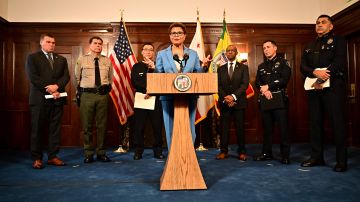 Los Angeles Mayor Karen Bass speaks during a press conference to announce new efforts to curb recent retail thefts at City Hall in Los Angeles, California, on August 17, 2023. (Photo by Frederic J. Brown / AFP) (Photo by FREDERIC J. BROWN/AFP via Getty Images)