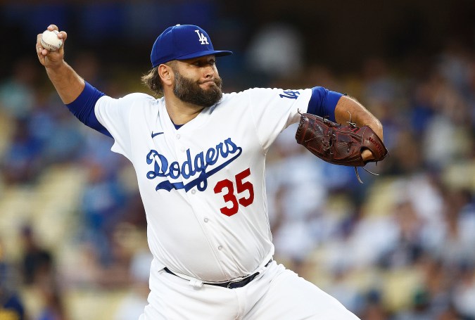 LOS ANGELES, CALIFORNIA - AUGUST 17:  Lance Lynn #35 of the Los Angeles Dodgers throws against the Milwaukee Brewers in the first inning at Dodger Stadium on August 17, 2023 in Los Angeles, California. (Photo by Ronald Martinez/Getty Images)