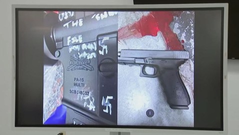 This video grab shows a press conference screen displaying a handgun found on the scene of a shooting in Jacksonville, Florida, August 26, 2023. A white man driven by racial hatred shot dead three Black people in a Florida discount store August 26 before taking his own life after a standoff with police, authorities said. "He targeted a certain group of people and that's Black people. That's what he said he wanted to kill. And that's very clear," Jacksonville Sheriff TK Waters told a news conference about the gunman, who was in his early 20s. (Photo by AFP) (Photo by -/AFP via Getty Images)