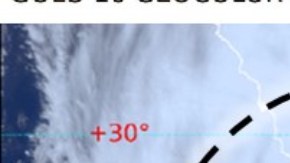 Imagen de satélite del huracán Hilary a las 2:20 pm CDMX del 19 de agosto de 2023 cerca de las costas de Baja California.