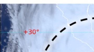 Imagen de satélite del huracán Hilary a las 2:20 pm CDMX del 19 de agosto de 2023 cerca de las costas de Baja California.