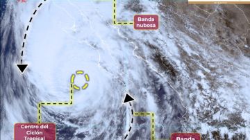 Imagen de satélite del huracán Hilary a las 2:20 pm CDMX del 19 de agosto de 2023 cerca de las costas de Baja California.