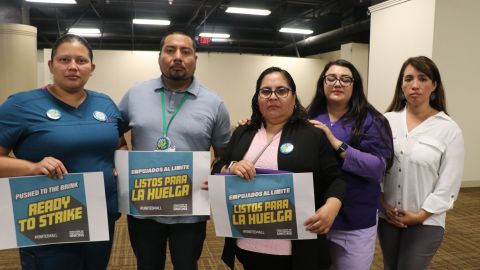 "Listos para la huelga": Jazmín Cruz, Rolando Medina, Evelin Rodriguez, Roxy Preciado y Rocío Chacón, trabajadores de la salud en Kaiser Permanente.