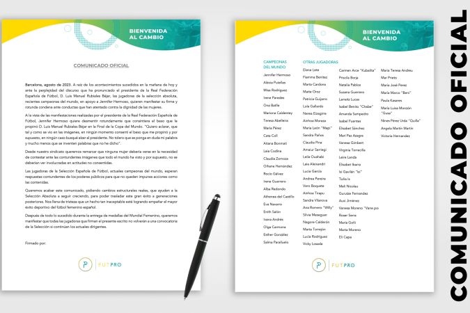 Comunicado pronunciado a través del sindicato FutPro firmado por 56 jugadoras, entre ellas las 23 que se proclamaron campeonas del mundo en Sídney en el que apoyan a Jennifer Hermoso. EFE/Twitter FotPro.