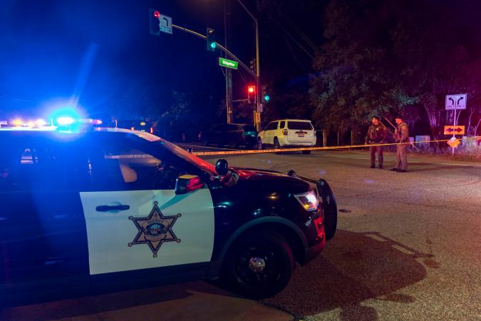 Trabuco Canyon (United States), 24/08/2023.- Law enforcement officers stand guard next to Cook's Corner biker bar in Trabuco Canyon, California, USA, 23 August 2023. According to first reports at least four people died and several were injured in a shooting at Cook's Corner. EFE/EPA/ETIENNE LAURENT