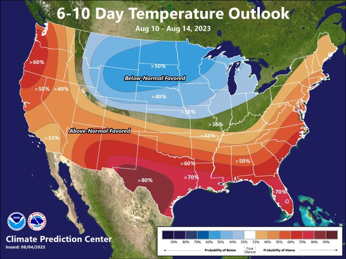 Pronóstico de temperaturas de 10 a 14 de agosto en Estados Unidos.