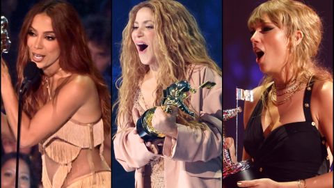 Anitta, Shakira y Taylor Swift recibiendo sus galardones en los MTV Video Music Awards 2023.