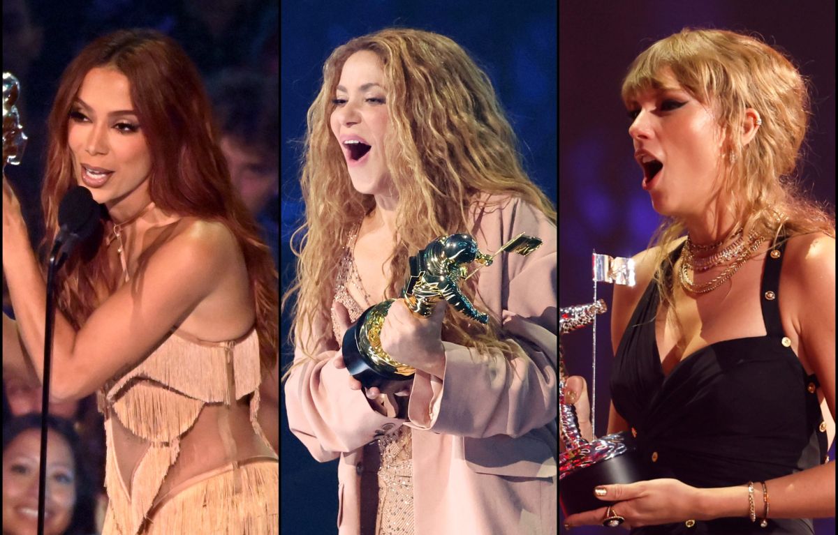 Anitta, Shakira y Taylor Swift recibiendo sus galardones en los MTV Video Music Awards 2023.