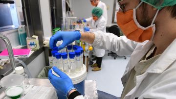 A scientific staff prepares little bottles to do the Bioburden test to evaluate the presence of microbes on surgical masks in an operating room transformed into a laboratory, at the Policlinico Sant'Orsola-Malpighi hospital in Bologna on April 15, 2020, during a lockdown aimed at curbing the spread of the COVID-19 pandemic, caused by the novel coronavirus. - This laboratory is the only one in Italy that tests protections for medical use according to the European standard. (Photo by Miguel MEDINA / AFP) (Photo by MIGUEL MEDINA/AFP via Getty Images)