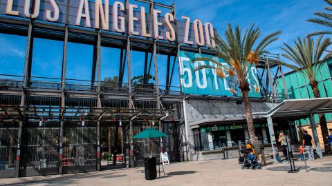 People arrive at the entrance of the LA Zoo on it's re-opening day, amid the coronavirus pandemic on February 16, 2021 in Los Angeles, California. - The Los Angeles Zoo was shut down for the second time during the pandemic, on December 7, 2020, due to the state's Stay-at-Home order. (Photo by VALERIE MACON / AFP) (Photo by VALERIE MACON/AFP via Getty Images)
