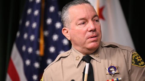 Los Angeles County Sheriff Alex Villanueva speaks at a press conference to address vaccine mandates -- which he calls an ``imminent threat to public safety'' if terminations occur in his department as a result of the mandates, November 2, 2021 at a press conference in downtown Los Angeles. (Photo by Robyn Beck / AFP) (Photo by ROBYN BECK/AFP via Getty Images)