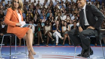La periodista María Elena Salinas con el presidente Barack Obama en una pausa de la grabación de "Meet the Candidates" de Univision News el 20 de septiembre de 2012 en Coral Gables, Florida.