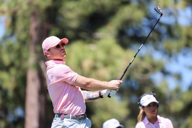 STATELINE, NEVADA - JULY 14: Canelo Alvarez, professional boxer, plays his shot from the 17th tee on Day One of the 2023 American Century Championship at Edgewood Tahoe Golf Course on July 14, 2023 in Stateline, Nevada. (Photo by Isaiah Vazquez/Getty Images)